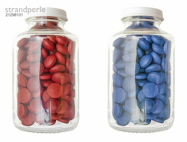 Red And Blue Pills Or Tablets In Glass Containers Isolated On A White Background