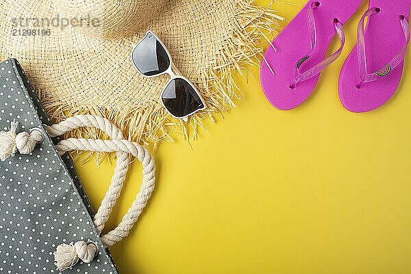 Flip flops straw hat sunglesses and beach bag on yellow background vacation travel planning mockup