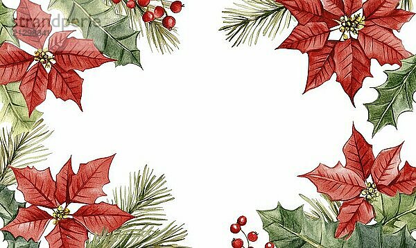 A red and green Christmas flower arrangement with a white background. The flowers are red poinsettias and green holly AI generated