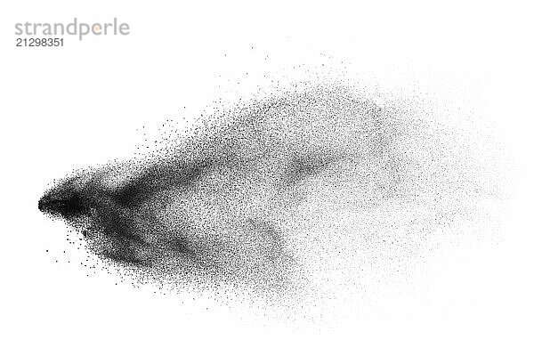 Black powder explosion on white background.Black dust particles splash