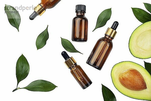 Dropper bottles with fresh ripe avocado and essential oil on white table flat lay