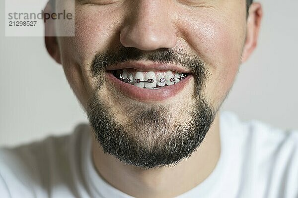 Close up of a young man with braces smiling. Macro shot of a young man with braces on a white background