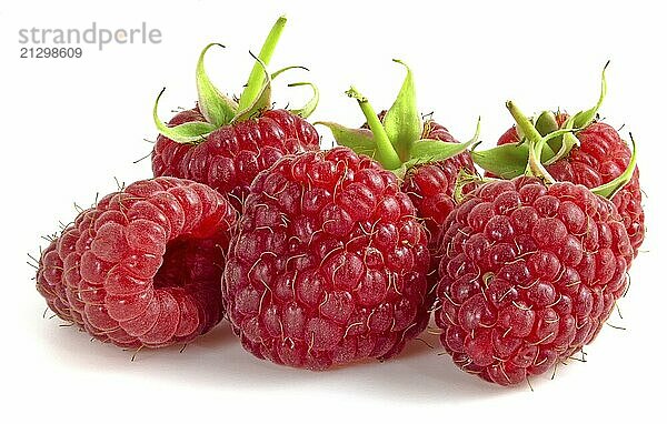 Bunch of fresh raspberries isolated on white background. Fruit berries close up