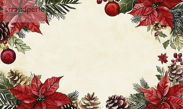 A white background with a red and green Christmas decoration. The decoration includes red poinsettias and red and green berries AI generated