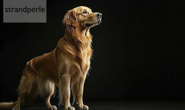 A brown dog is standing on a black background. The dog is looking at the camera. The image has a moody and mysterious feel to it AI generated