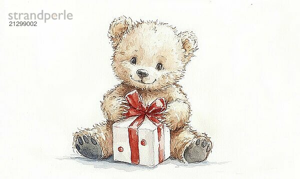 A teddy bear is sitting on a white background with a red box in front of it. The bear is holding the box and he is happy. Concept of joy and warmth AI generated