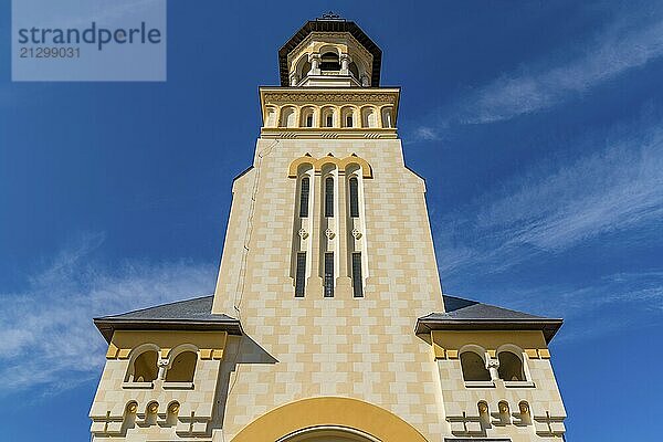 Beautiful view to the Coronation Reunification Cathedral Bell Tower in Alba Iulia city  Romania. A Bell Tower on a sunny day in Alba Iulia  Romania  Europe