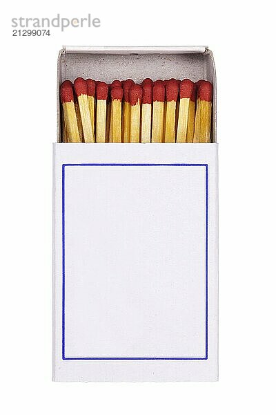 Conventional  neutral and filled matchbox  opened  against a white background