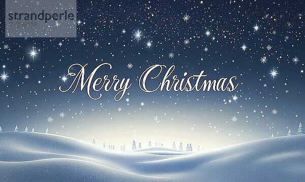 Merry Christmas is written in a fancy font on a blue background with snowflakes. A snowy landscape with trees and a hill  creating a serene and festive atmosphere AI generated