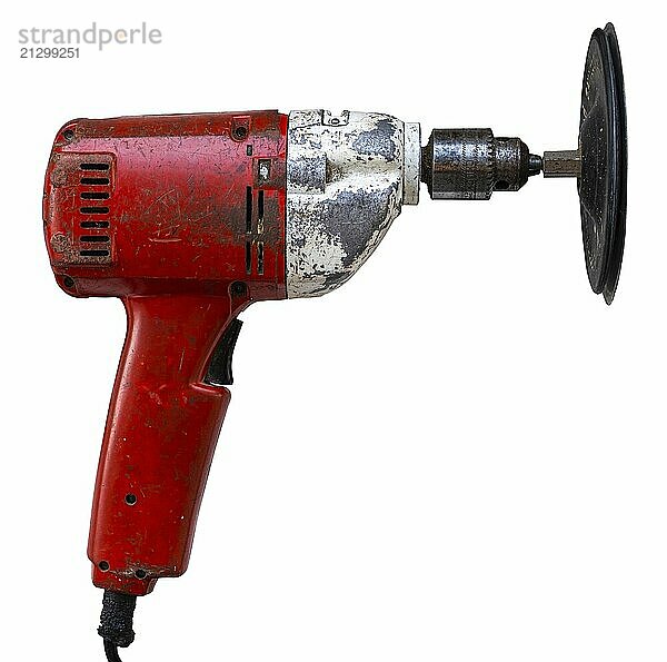 An Isolated Vintage Electric Drill With Sanding Disk On A White Background