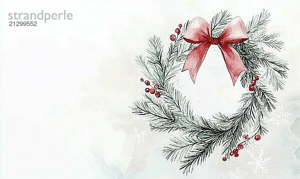 A wreath with red ribbon and berries is the main focus of the image. The wreath is surrounded by a white background  which creates a sense of contrast and draws attention to the wreath AI generated