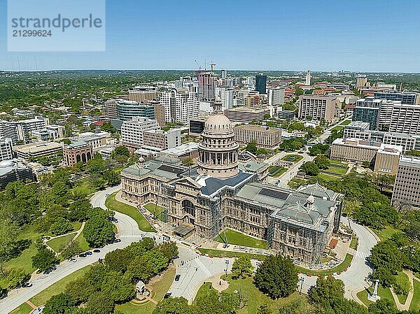 Aerial view of the Texas State Capitol Building In the city of Austin  Texas