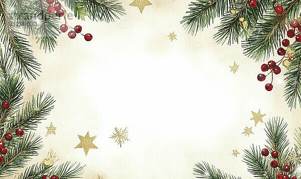 A white background with a Christmas tree and berries. The tree is surrounded by stars and the berries are scattered throughout the image. Scene is festive and joyful AI generated