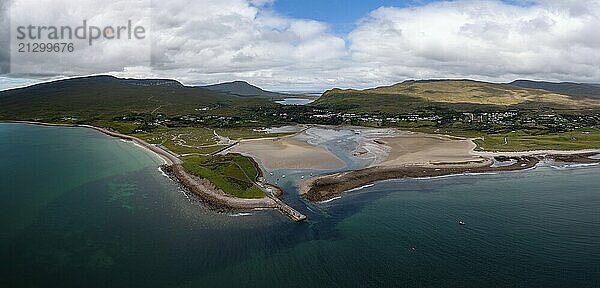 A panorama landscape of the village and harbor of Mulranny in County Mayo of western Ireland