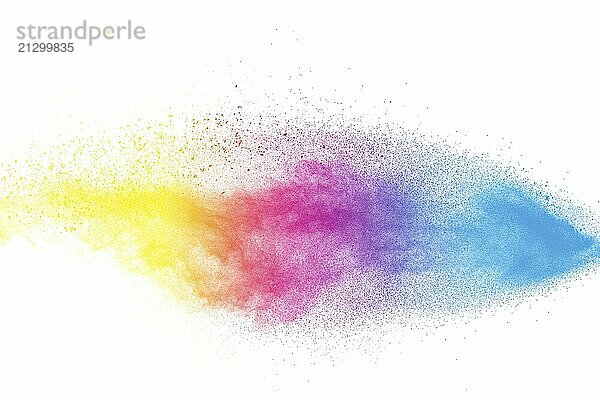 Abstract color powder explosion on white background.Freeze motion of dust splash. Painted Holi in festival