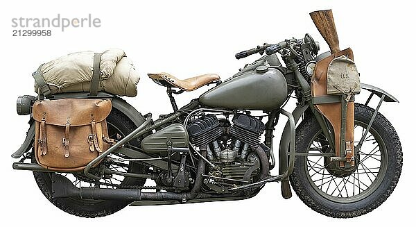 A Vintage Green US World War II Army Motorcycle  With Rifle  Isolated On A White Background