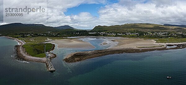 A panorama landscape of the village and harbor of Mulranny in County Mayo of western Ireland