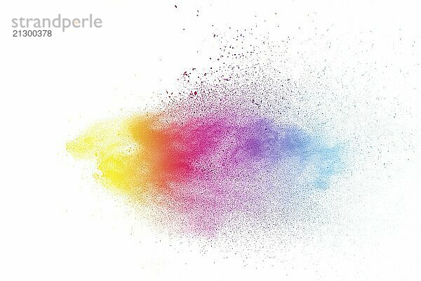 Abstract color powder explosion on white background.Freeze motion of dust splash. Painted Holi in festival