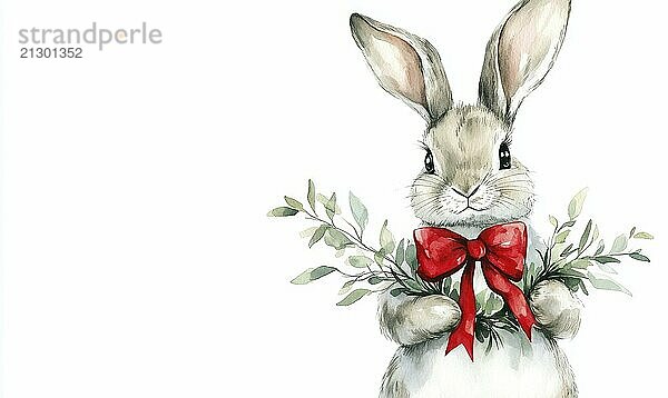 A rabbit holding a red ribbon and green leaves. The rabbit is wearing a red bow and has a white background AI generated