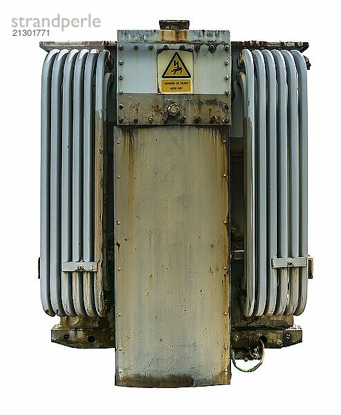 Isolated Grungy Electricity Grid Distribution Transformer With Cooling Ribs On A White Background