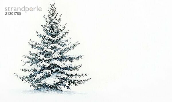 A snow covered pine tree stands alone in a white background. Concept of solitude and tranquility  as the tree stands tall and proud in the midst of a vast  empty landscape AI generated