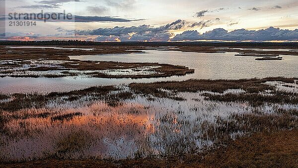 Sunset  drone shot  aerial view  lakes  moor landscape  Lapland  Finland  Europe