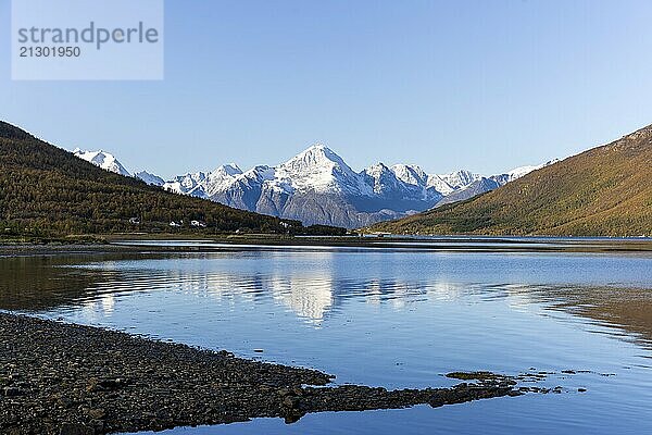 Snow-covered mountains at Lyngen Fjord  September 2024  Norway  Europe