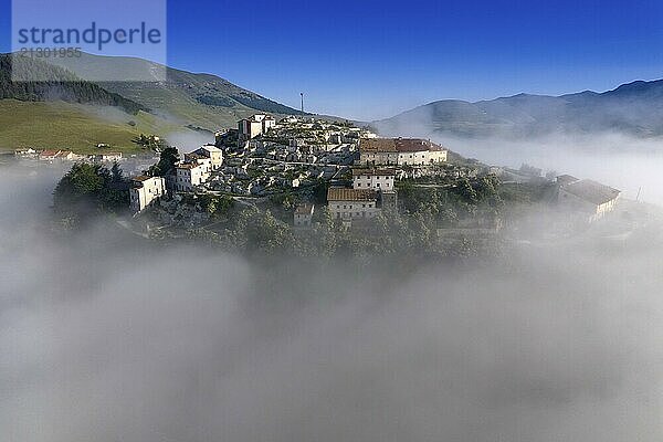 Aerial photographic documentation of the town of Castelluccio di Norcia Italy devastated by the earthquake