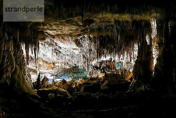 Porto Cristo  Spain  23 January  2024: panorama view of the rock formations inside the Cuevas del Drach in eastern Mallorca  Europe