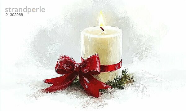 A candle with a red ribbon is lit on a white background. The candle is surrounded by a red ribbon  which adds a festive touch to the scene. Concept of warmth and coziness AI generated