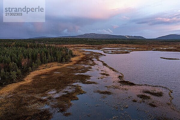 Sunset  drone shot  aerial view  lakes  moor landscape  Lapland  Finland  Europe