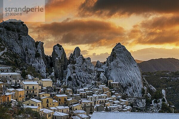 View of Castelmezzano in the Piccolo Dolomiti region of southern Italy at sunrise in winter