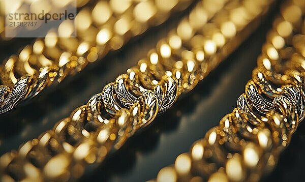 A row of gold chains with a black background. The chains are very shiny and look like they are made of gold AI generated