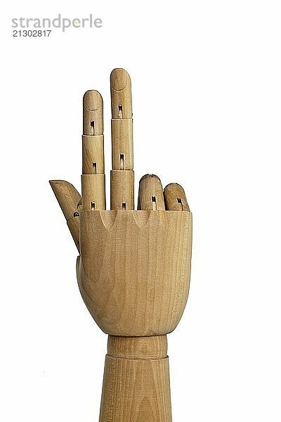 Artificial hand made of wood  in front of a white background