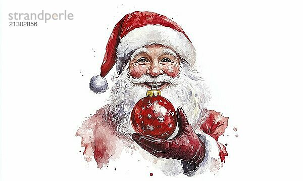 A painting of Santa Claus holding a red ball. The painting is in a white background. The mood of the painting is cheerful and festive AI generated