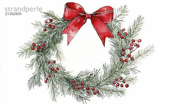 A wreath with red ribbon and berries is the main focus of the image. The wreath is surrounded by a white background  which creates a sense of contrast and highlights the festive nature of the scene AI generated