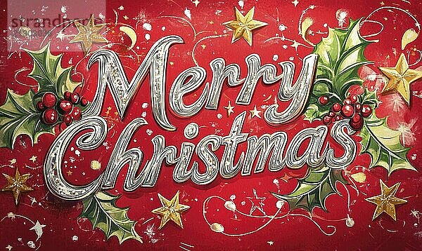 Merry Christmas is written in a fancy font on a red background with stars and holly leaves. The image conveys a festive and joyful mood  celebrating the holiday season AI generated