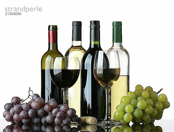 Several bottles of white and red wine  two glasses and grapes isolated on white background