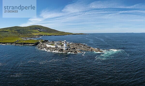 An aerial view of the historic Valentia Island Lighthouse in County Kerry of western Ireland