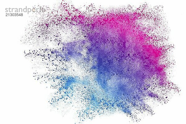 Blue pink powder explosion on white background. Color dust particle splashing