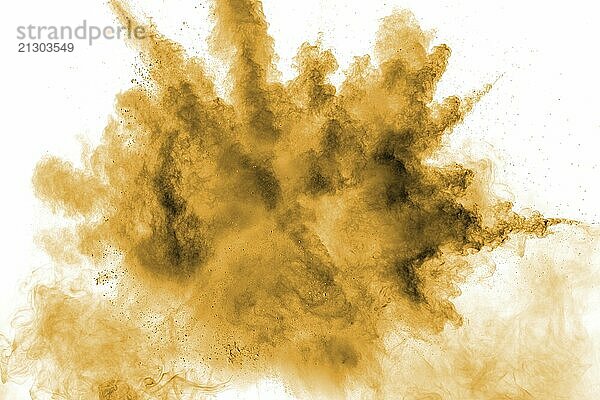 Freeze motion of brown dust explosion. Stopping the movement of brown powder. Explosive brown powder on white background