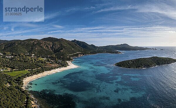 A view of the beautiful wihtie sand beach and turquoise waters at Turredda Beach in Sardinia