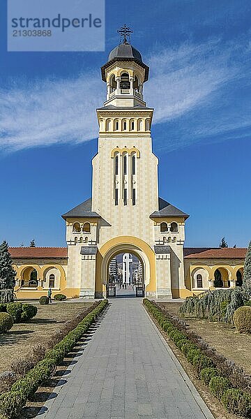 Beautiful view to the Coronation Reunification Cathedral Bell Tower in Alba Iulia city  Romania. A Bell Tower on a sunny day in Alba Iulia  Romania  Europe