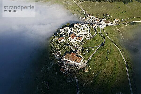 Aerial photographic documentation of the town of Castelluccio di Norcia Italy devastated by the earthquake