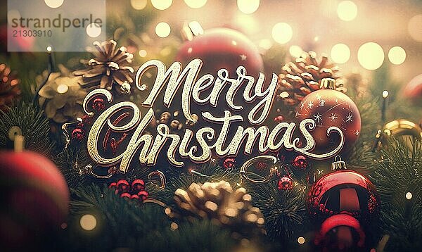 Merry Christmas is written in gold letters on a red background. A tree with many red ornaments and a large gold lettering AI generated