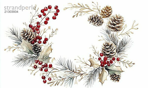 A wreath of red berries and pine cones with a white background. The wreath is a symbol of the holiday season and is meant to evoke feelings of warmth and joy AI generated