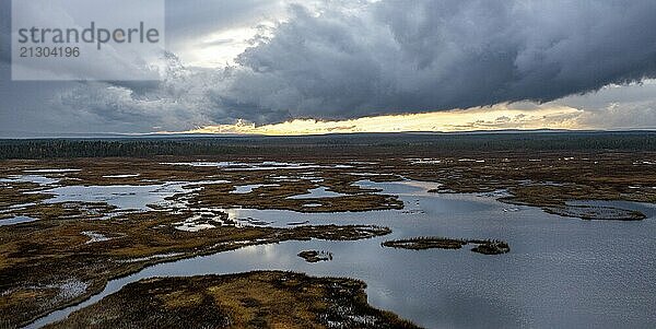 Sunset  drone shot  aerial view  lakes  moor landscape  Lapland  Finland  Europe