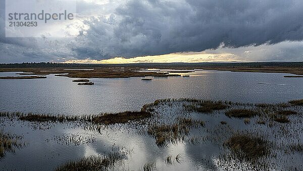 Sunset  drone shot  aerial view  lakes  moor landscape  Lapland  Finland  Europe