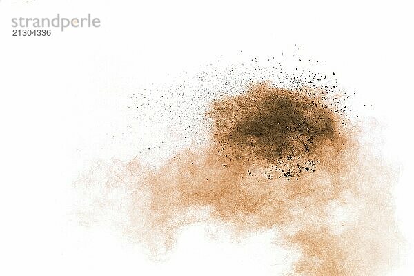 Freeze motion of brown dust explosion on white background.Stopping the movement of brown powder