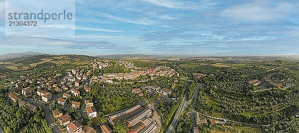 Aerial view Orcia Valley in Tuscany with the beautiful village of San Quirico